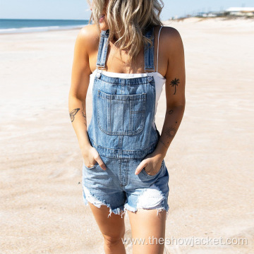 Customized Ripped Short Denim Jumpsuit Outfit for Women